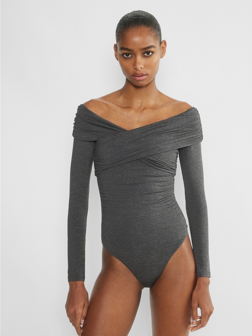 Contour Aritzia BLUE Geometric Second-skin crossover off-shoulder bodysuit SZ S